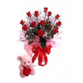 15 Red Roses With Cute Small 6 Inches Teddy